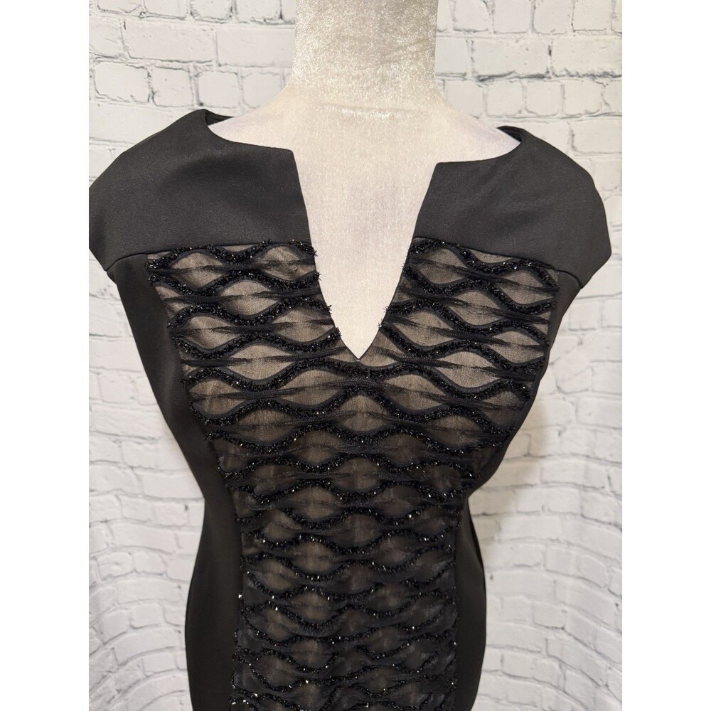 Connected Apparel Sheath Dress Women's Black Tan Metallic Lace Front Size 10 - Picture 2 of 7